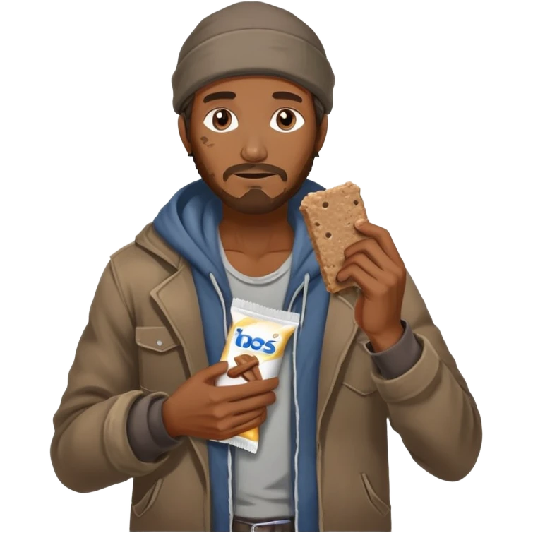 Generate a homeless man asking for money with a protein bar in his hand emoji