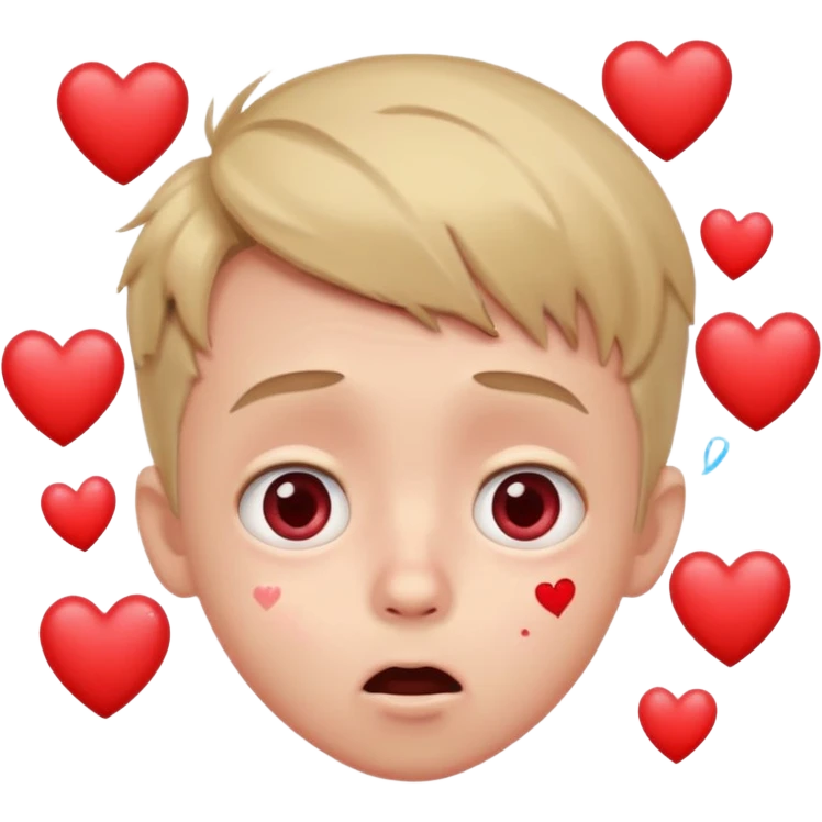 surprised boy, wide eyes, nosebleed, blushing, hearts circling the head emoji