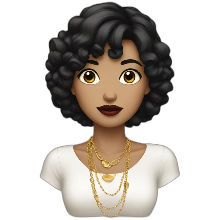 girl with black hair, dark eyes, gold earrings and necklace and bold lips emoji