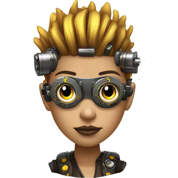 Brown with yellow streaks Mohawk hair female cyborg head, fair skin, steampunk goggles and circuits emoji