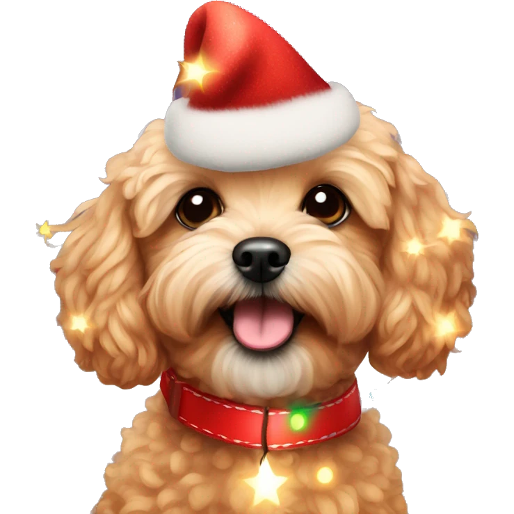 Red maltipoo with Christmas lights decorated around its neck emoji
