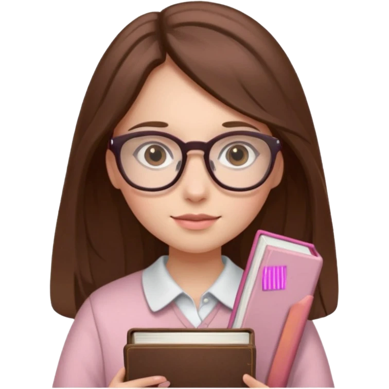 girl with fair skin and long brown hair holding a closed pale pink book, glasses emoji