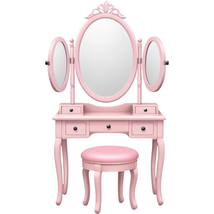 White Makeup vanity with light pink makeup, with a stool emoji