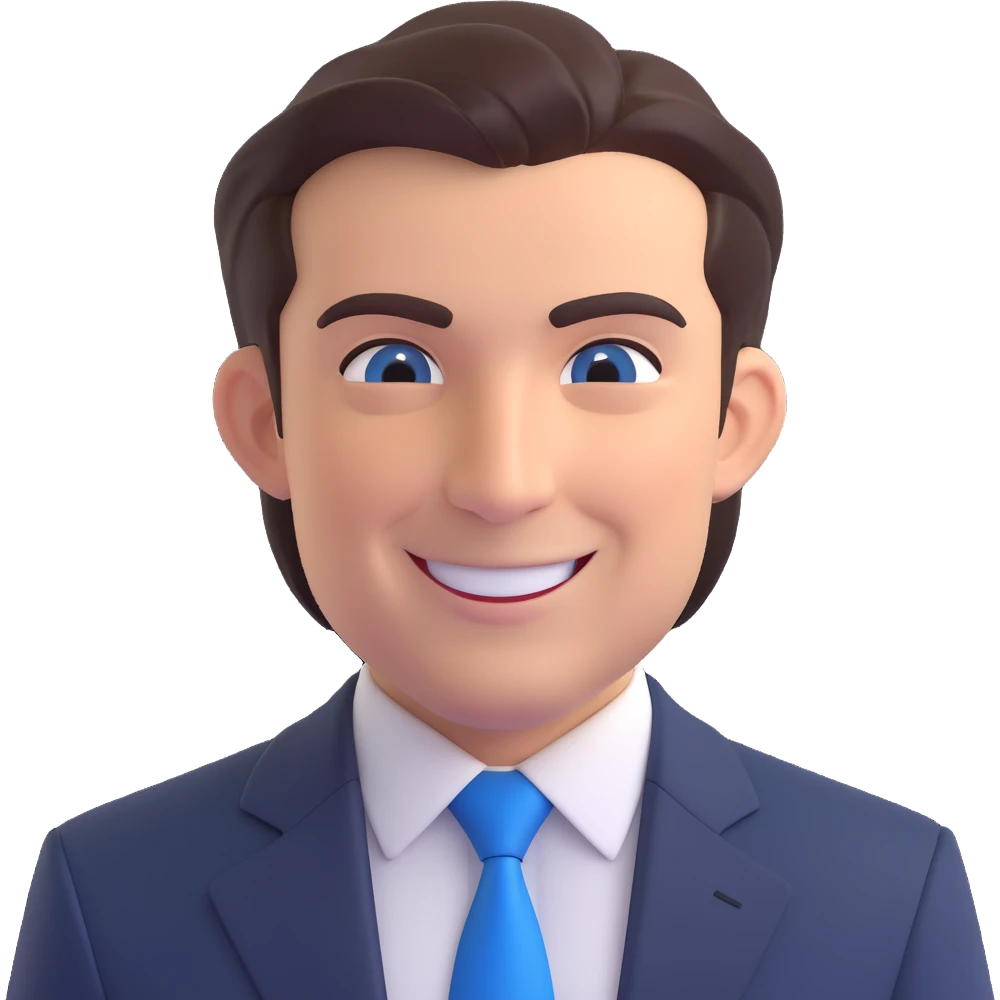 realistic 3d illustration of Tony Petitti, the Big Ten commissioner, smiling, facing forward, from the waist up, wearing a dark suit and a blue tie, accurate facial likeness emoji
