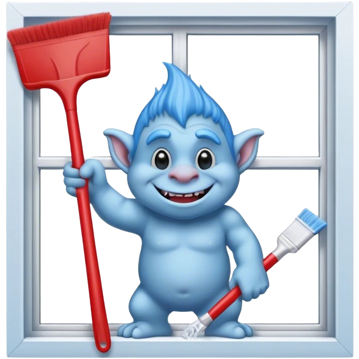 blue Troll cleaning a window using red squeegee emoji