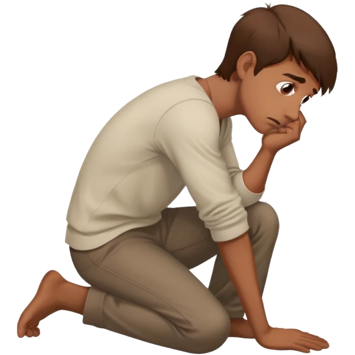 a man with brown hair staying in profile on a floor with anxiety and begging face emoji