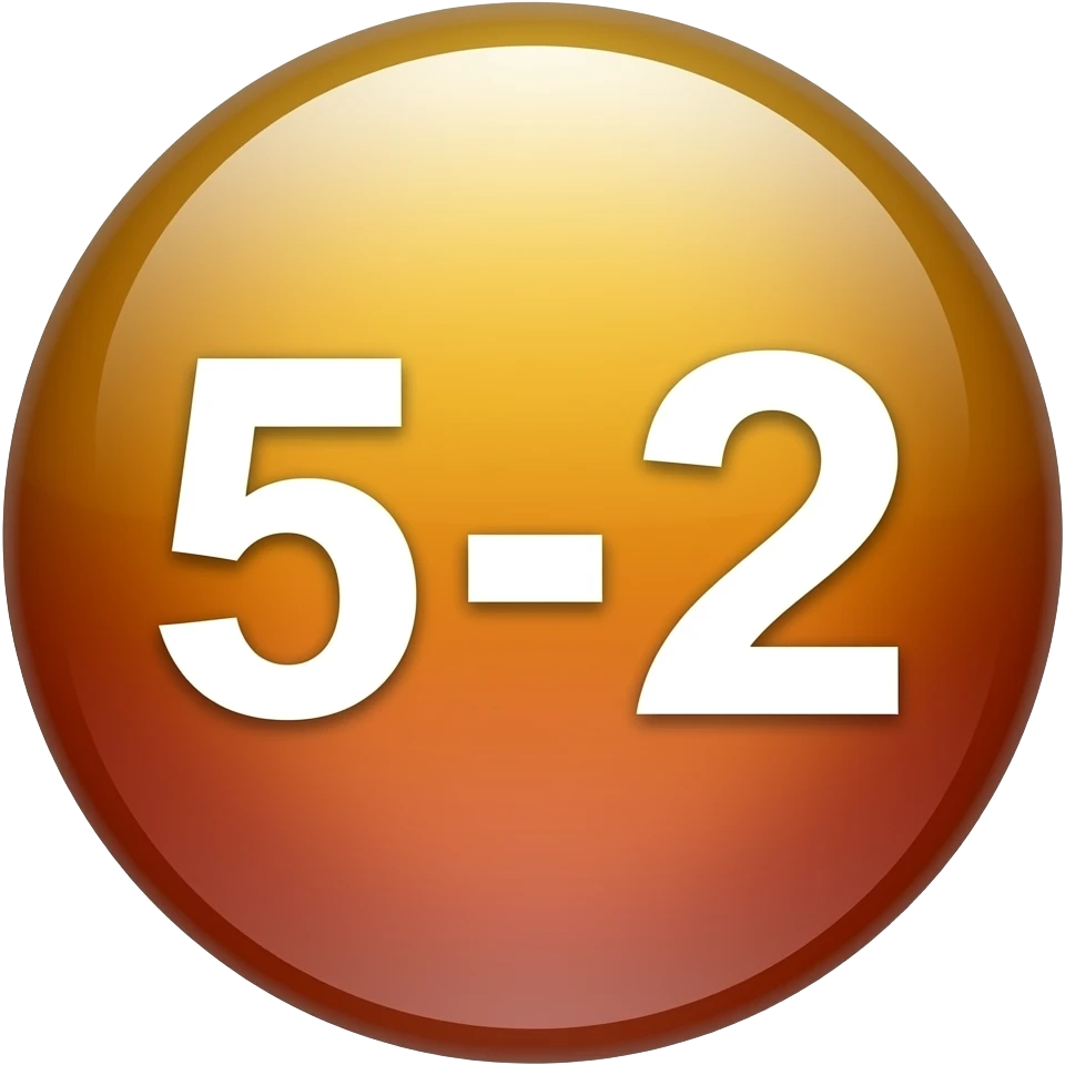 Glossy 3D sphere emoji, "5-2" bold white text centered, gradient from gold to red, glass reflection highlight, bubble style icon emoji