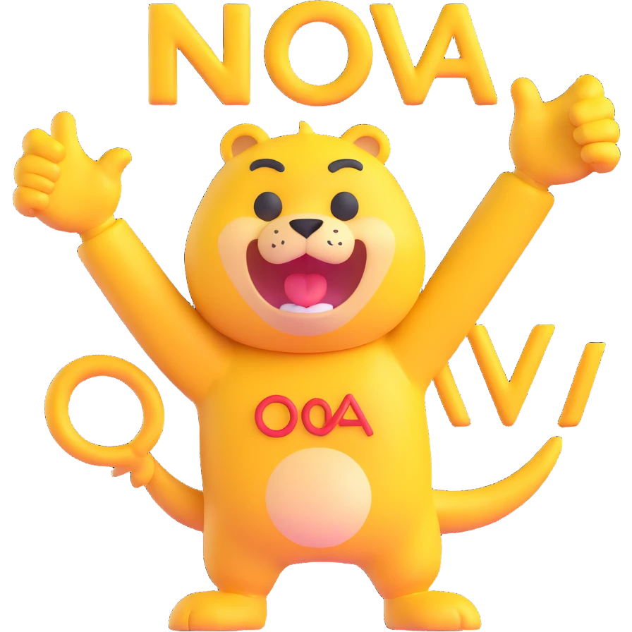 yellow-skinned animal mascot clutching 'N.O.V.A.' letters, energetic and fun, modern emoji style emoji