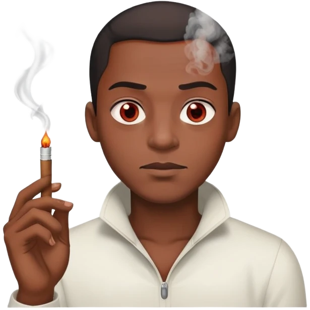 black male character, light red eyes, visibly high, holding a joint, smoke rising, relaxed expression emoji