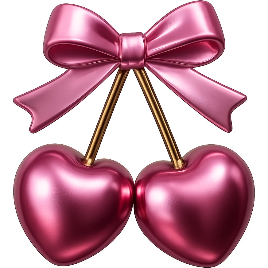 Create a 3D iOS-style illustration of two pink cherries with a pink bow. Apply a metallic effect to the cherries and bow. The background should be removed. emoji