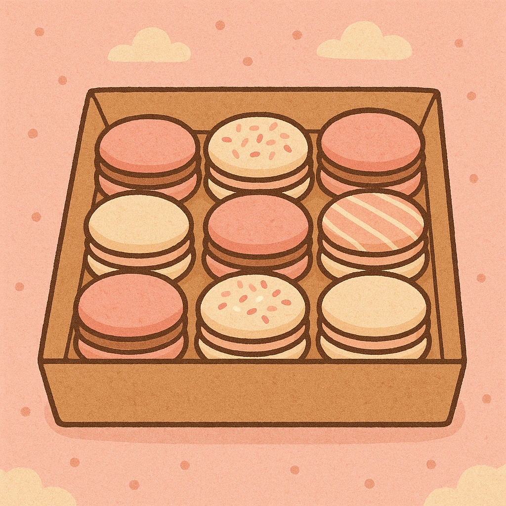 a box of assorted pink and cream macarons, some with sprinkles and stripes, on a soft pink background with polka dots, clean modern illustration style emoji