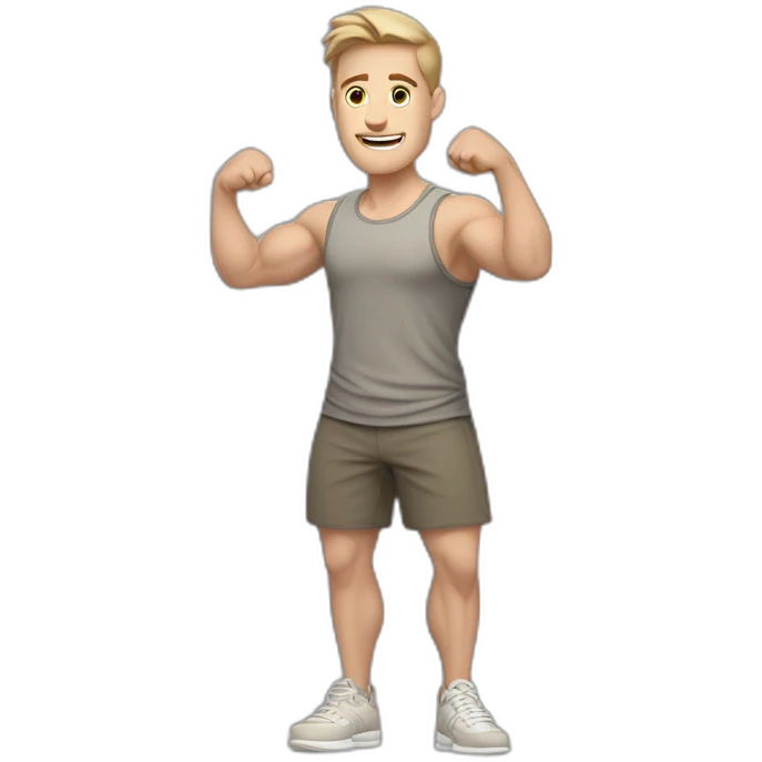 Full height Actively gesturing with hands Pale skinned Fit Man With the biceps and light brown hair with Bristle in dark gray Sleeveless Mike, beige oversize sports shorts and white Sneakers emoji