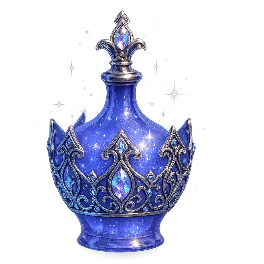 ultra luxurious small elixir bottle in crown shape, color #7986cb, bold and intricate silver and iridescent details, maximum magical glowing and sparkling effects, very small neck, seamless bottom, transparent background, bottle floating in air, no base or shadow, modern, perfectly matching a magical luxury collection emoji