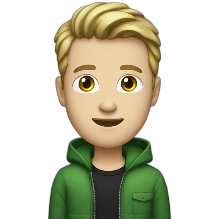 white guy, 30 years old, medium height, blue eyes, wearing a green bomber and black jeans. emoji