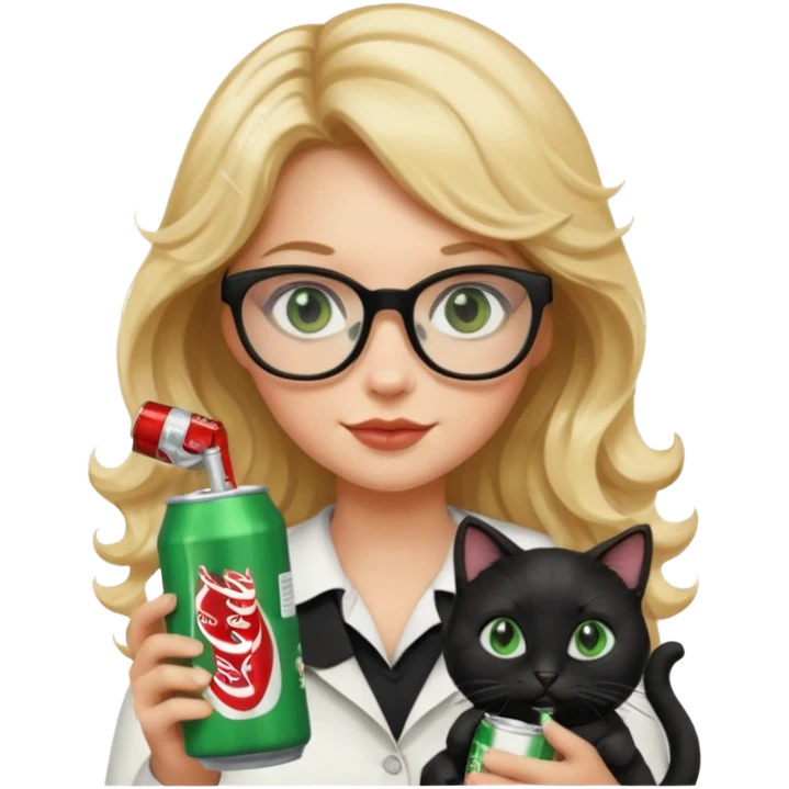 Blonde girl with wavy hair and glasses holding a black cat that has green eyes in one hand and a Diet Coke can in the other hand  emoji