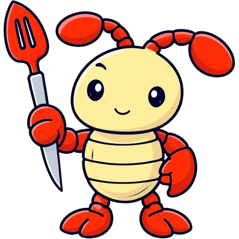 A sad, red lobster holding a knife and fork emoji