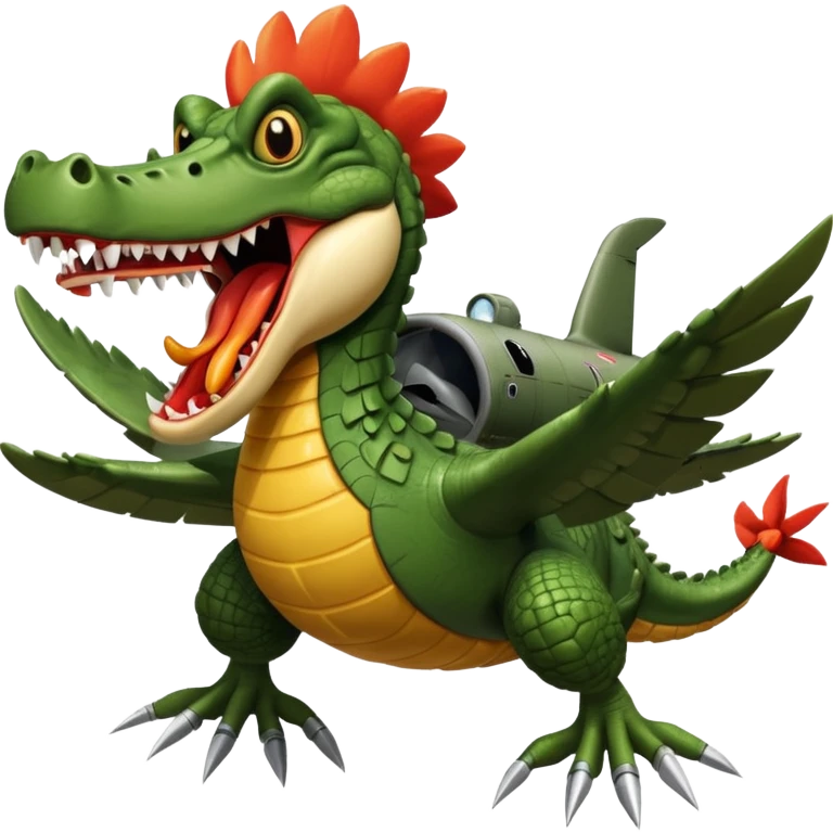crocodile head with a terrifying mouth merged with a military bomber body, arms as airplane wings with rockets, legs as massive chicken legs like a hut on chicken legs, moving with a roar, trail of destruction emoji