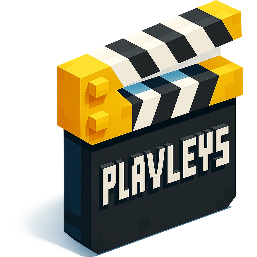 voxel style movie clapperboard with the text 'PLAVLEYS', gold lid, black and white stripes, isometric view emoji