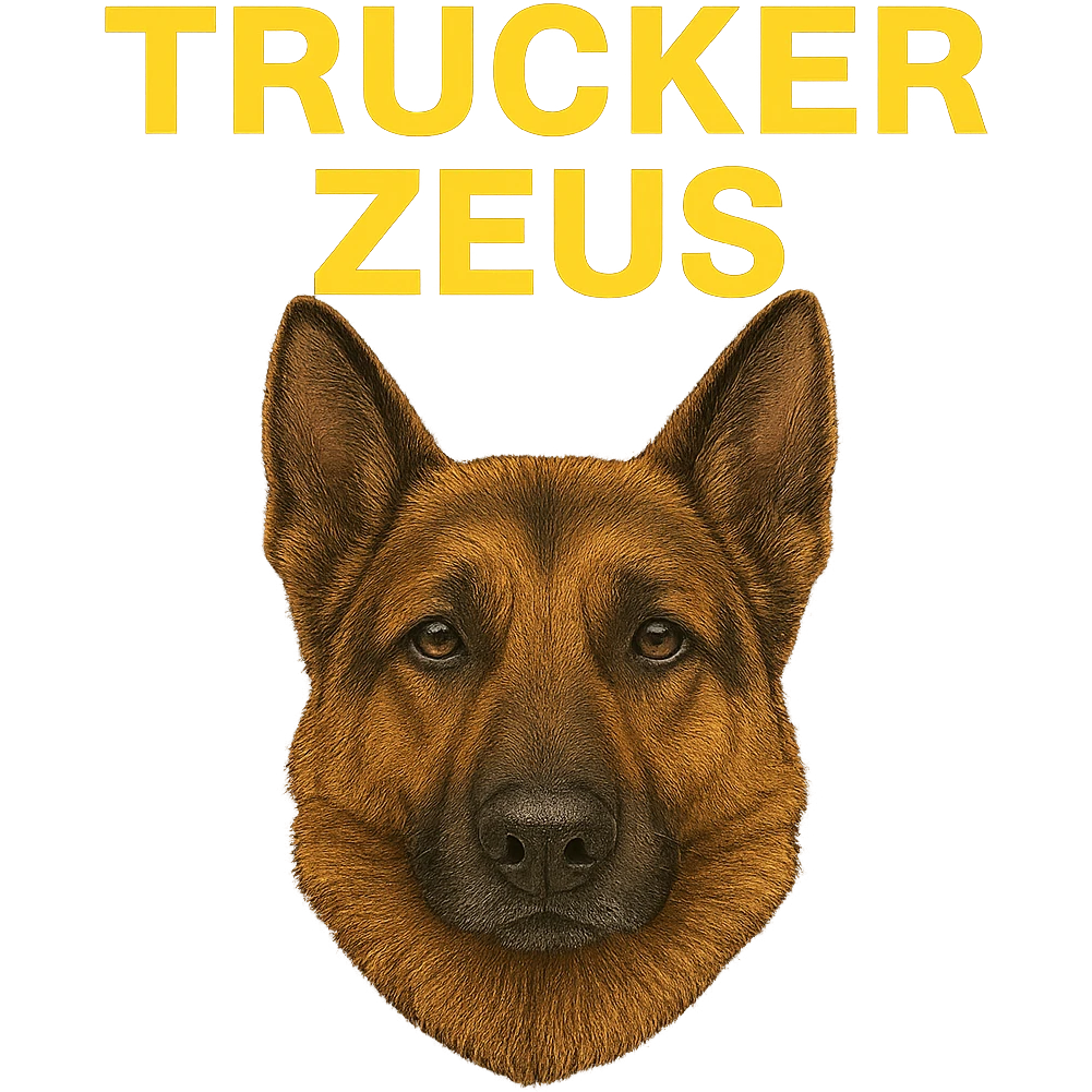 Change the words 'Trucker Zeus' to yellow, keep the realistic German Shepherd, and maintain a transparent background. The style is realistic with a focus on the German Shepherd and clear text in yellow. emoji