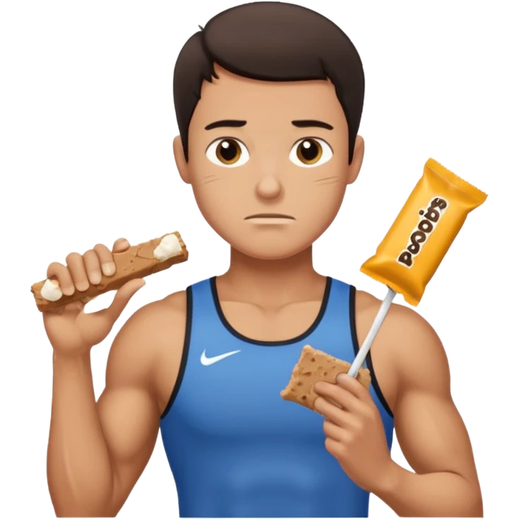 A male athlete holding a protein bar and frowning emoji