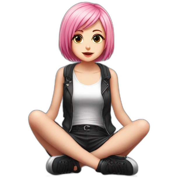 Full body Front view curvy emo girl pink hair sits on the floor straight view hands up black skirt белые трусики полосатые рваные чулки emoji