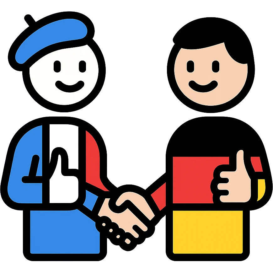 A simple icon style of a French and a German character shaking hands and giving thumbs up, French in blue-white-red colors, German in black-red-yellow colors, minimal details. emoji