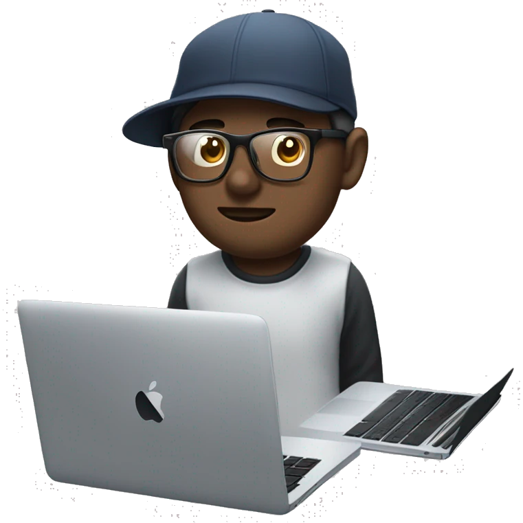 White male with dark hair, clear lens glasses in front of a MacBook with overeat headphones on and a backwards hat emoji
