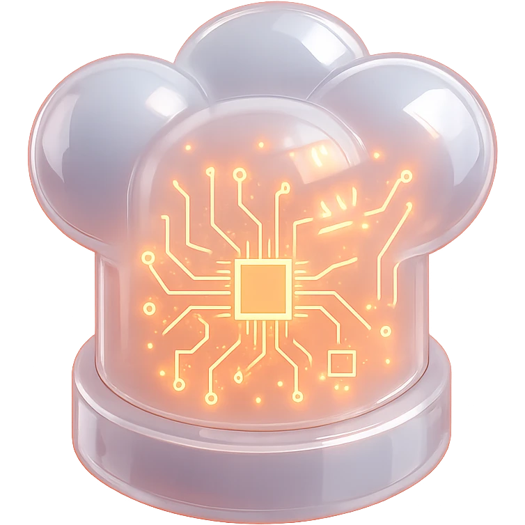 white chef hat, centered, red background, glowing circuit lines, glossy circuit style emoji