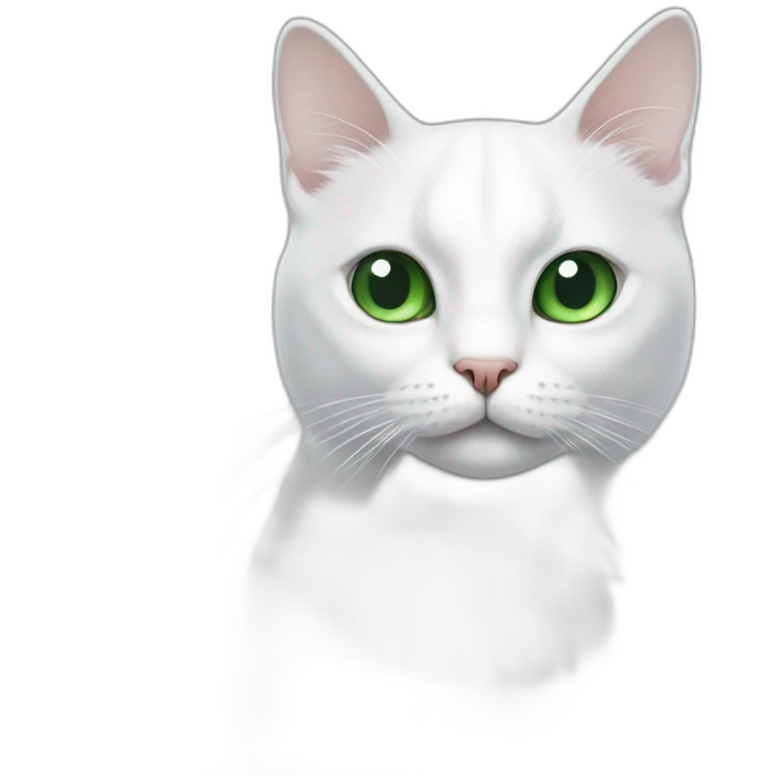 white cat with a large black spot on the top of the head with a white teat in the middle of the spot, with green eyes emoji