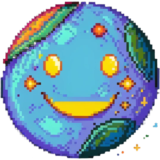 vibrant multicolored planet with bright spots and a happy smiling face emoji
