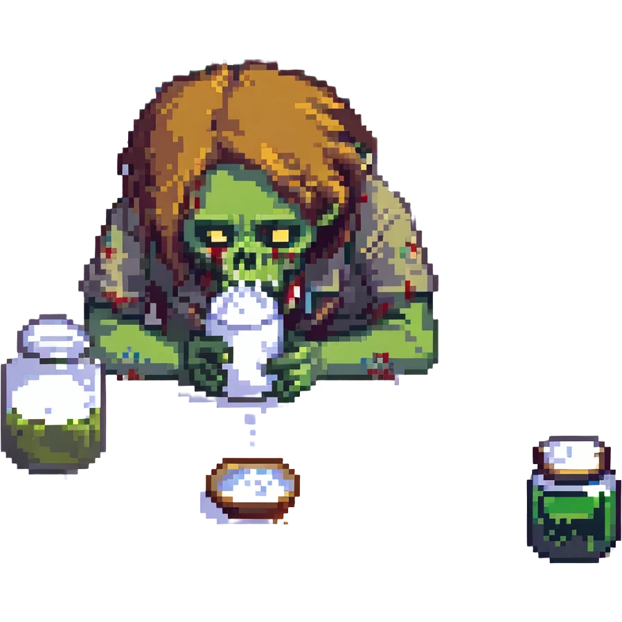 A zombie Leo  sniffing white powder with a background lab in the style of a pixel art emoji