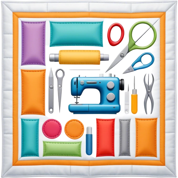 Patchwork and quilting icon, colorful fabric patches sewn together in a quilt pattern, sewing needle and thread, quilting tools like rotary cutter or quilting hoop, minimalistic style, clean lines, transparent background. emoji