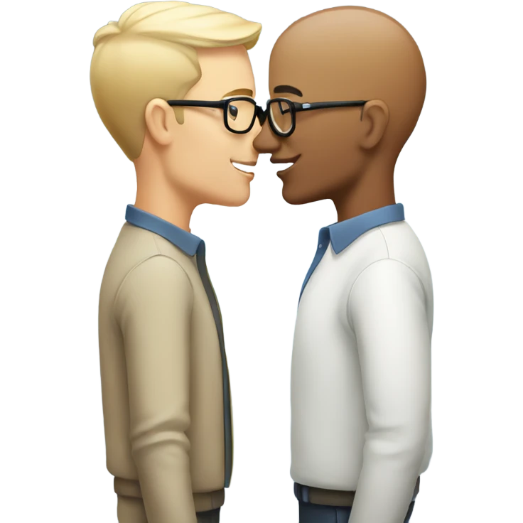 Gay male couple, white, with glasses sharing a kiss emoji