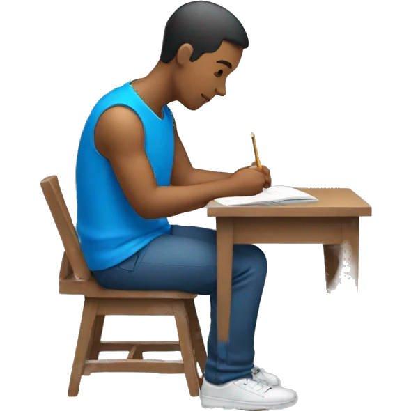 male sitting and studing with blue shirt. Side view. emoji