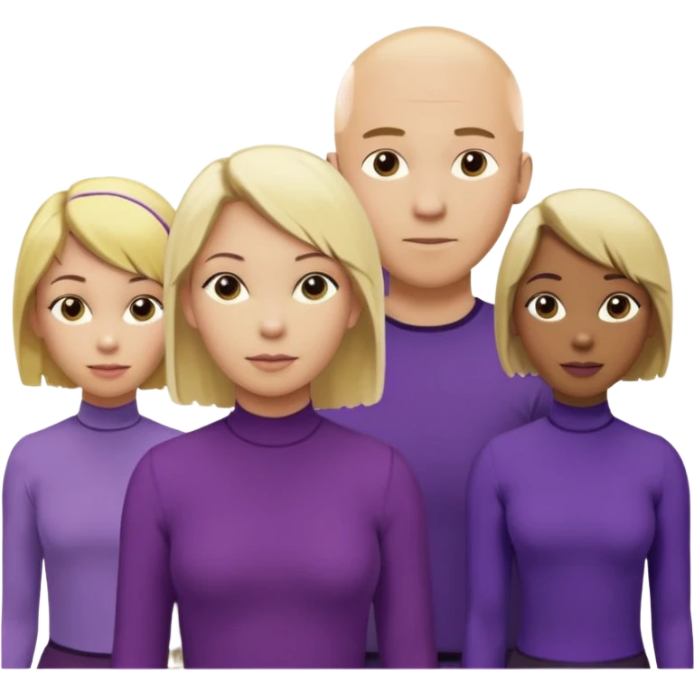 5 person team; 2 men and 3 women.  All dressed in yellow or purple.  1 caucasian woman with blonde mid length hair. 1 caucasian woman with blonde short length hair. 1 caucasian woman has ash blonde hair tied up. 1 man is African-american and bald, 1 man is caucasian and very little hair left.  
 emoji