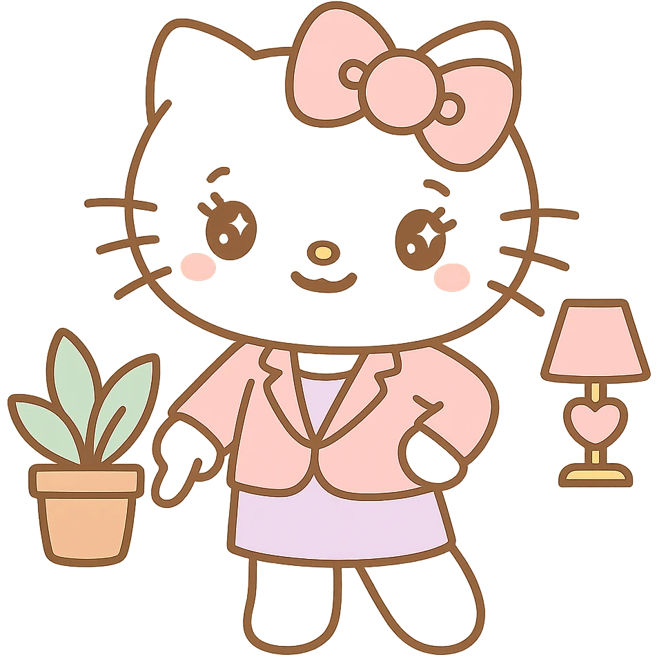 Add hands in the 'periodt' meme pose (one hand on hip, other hand pointing down with attitude), keep the character girly CEO cat, Hello Kitty world, kawaii style. emoji