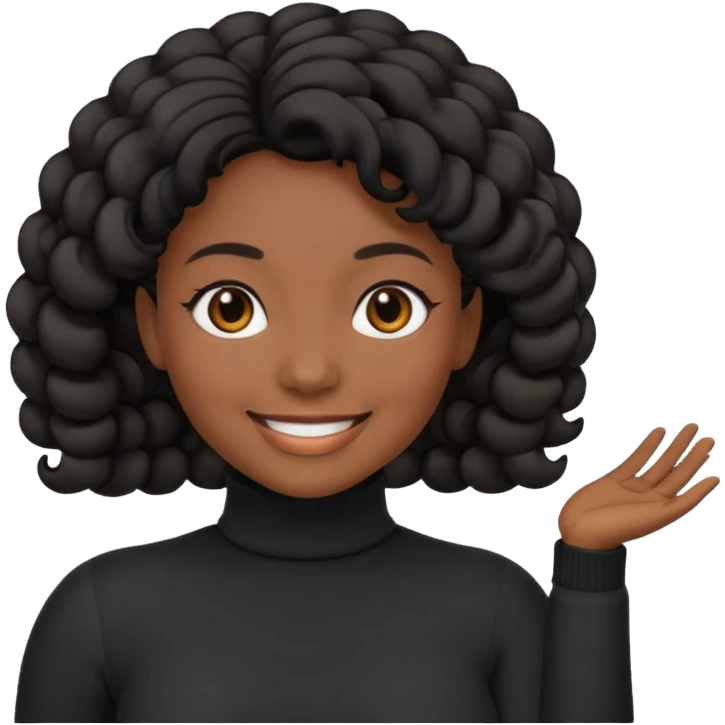Create a custom emoji-style character inspired by a smiling black woman with curled black hair, dark skin tone, dark eyes, and wearing a turtleneck.  emoji