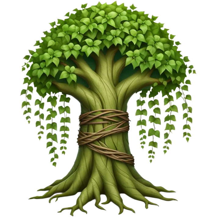 Tree with vines wrapped around trunk, ivy entwined tree emoji