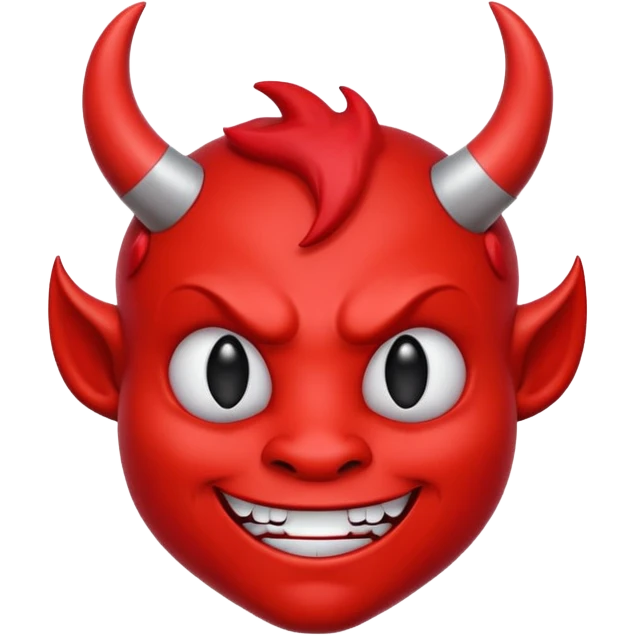 CARTOON STYLE EMOJI of a RED DEVIL FACE with small HORNS pointing up, BLACK EYES, and a MISCHIEVOUS SMILE. The entire face is RED with a smooth glossy texture. BACKGROUND is PURE WHITE, clean and simple. emoji