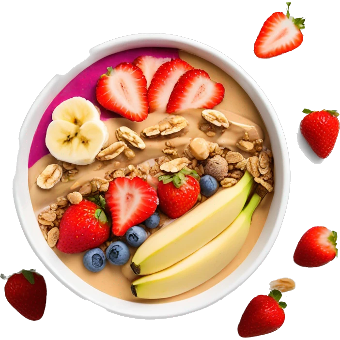 Smoothie bowl with bananas strawberries granola and peanut butter drizzle emoji