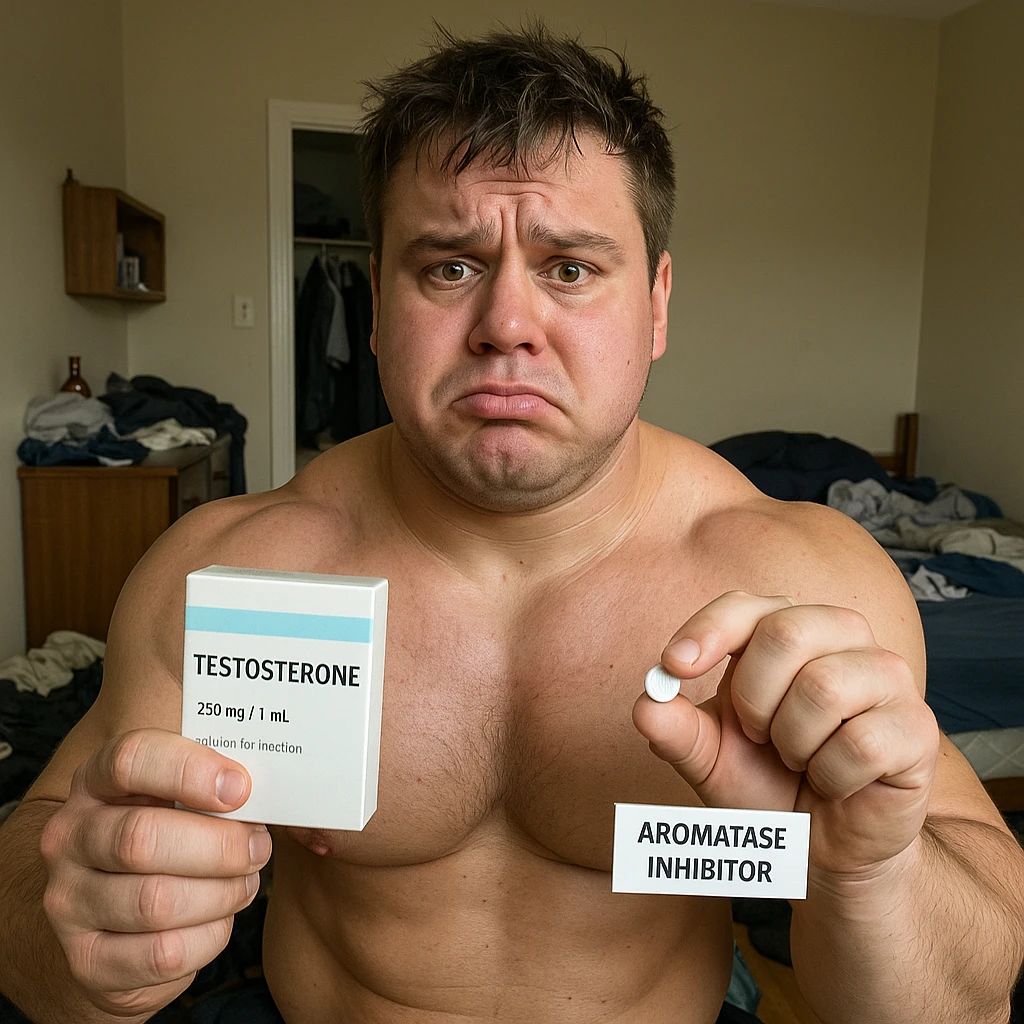 realistic muscular young man with puffy face holding box of testosterone and pill of aromatase inhibitor, worried expression, detailed, messy room background, 4K quality emoji