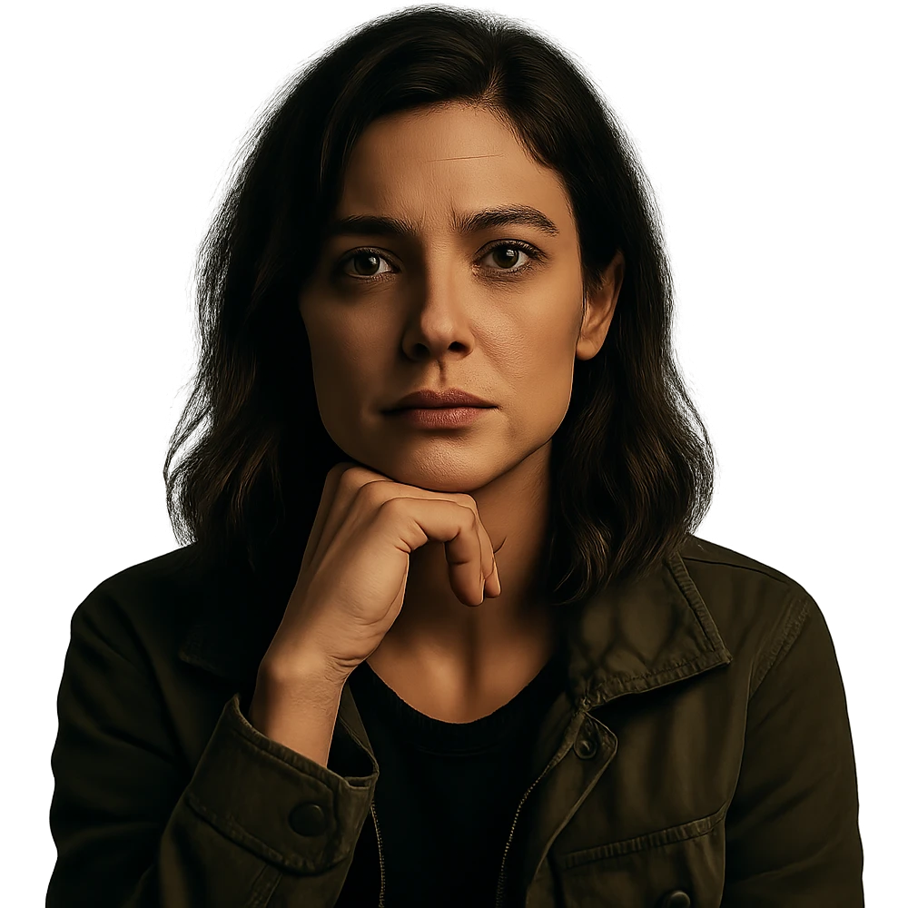 Create a centered portrait of the same woman with a thoughtful expression, transparent background, in the style of a Netflix series. emoji