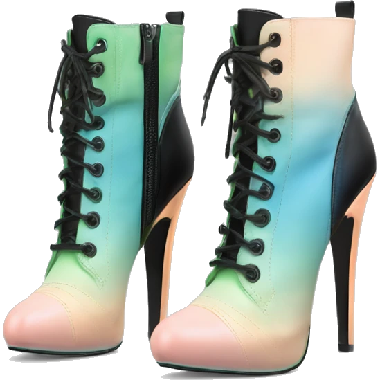 Hyper Realistic isolated top front view of a pair of black,peach,pastel green,pastel blue ombre Guess Jeans brand stiletto high heel ankle bootie boots.  emoji