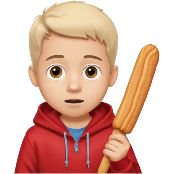 ute funny Spanish cartoon boy named Peque Tito, red hoodie, denim shorts, big expressive eyes, holding a churro, Pixar-style, viral character.” emoji