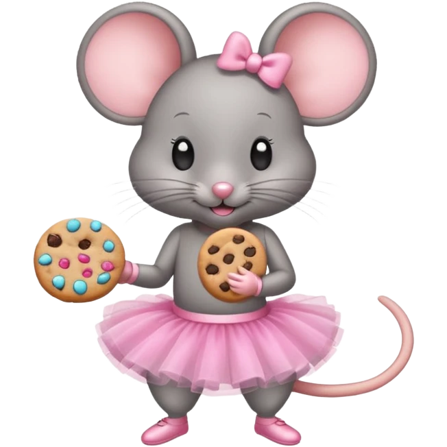 little mouse in a pink coquette tutu eating a cookie emoji