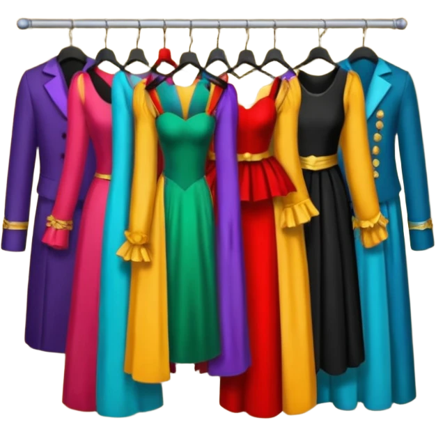 create a series of images for Theatre costumes Inventory showing a rack of costumes ready for performance emoji