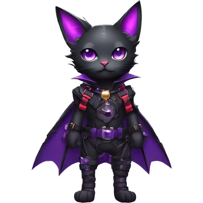 cool kawaii edgy evil techwear black purple red ethereal fantasy beautiful elegant bat-cat-Fakemon wearing legs spats a collar harness with jewelries full body emoji