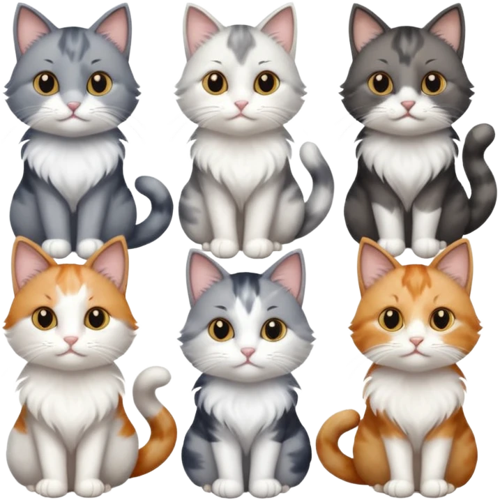 6 realistic looking cats with different natural coloured coats, assorted grey and white, greys, calico, brown and white colours etc
 emoji