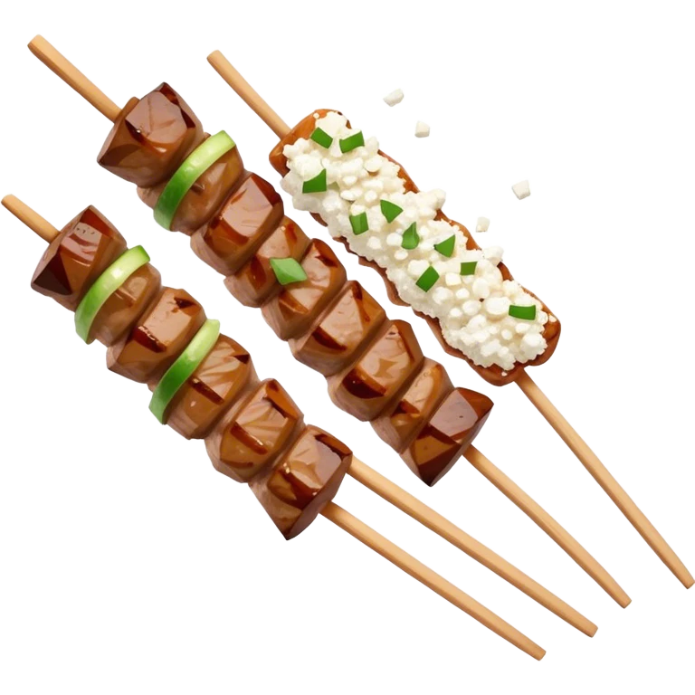 Souvlaki Cinematic Realistic Souvlaki Dish Emoji, depicted as skewered, grilled meat served with a side of crumbled feta cheese, rendered with rich textures and dynamic, appetizing lighting. emoji