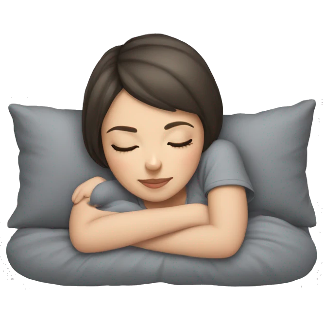 Brunette girl with short hair sleeping with grey cat  emoji